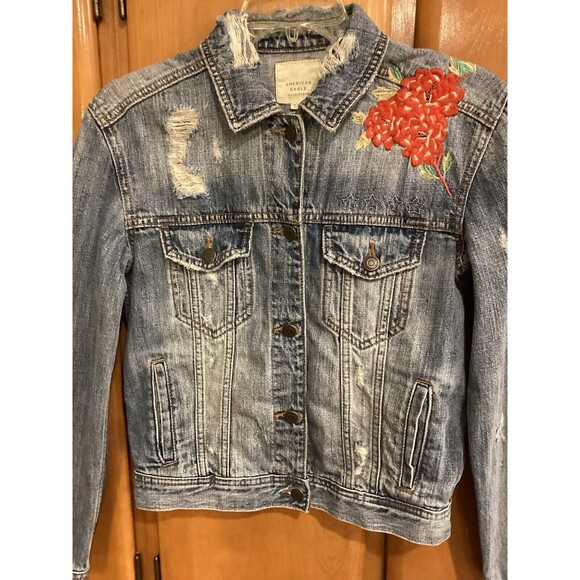 American Eagle Distressed "Just for Fun" Embroidered Denim Jacket Size S - Picture 2 of 12